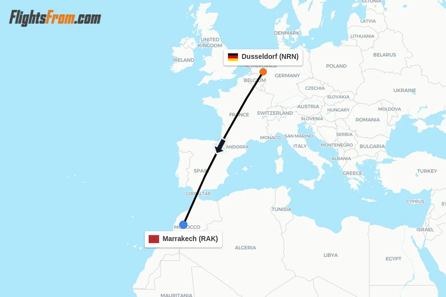 Flights from Dusseldorf to Marrakech route map