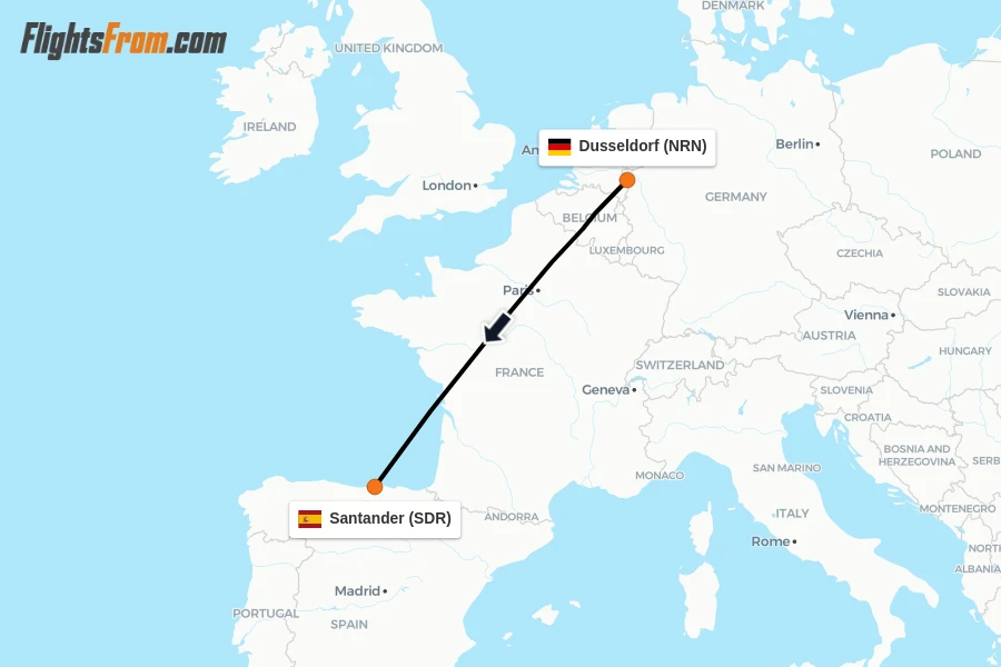 Flights from Dusseldorf to Santander route map