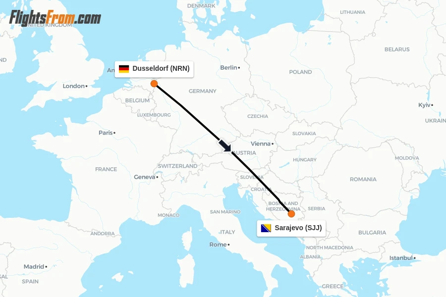Flights from Dusseldorf to Sarajevo route map