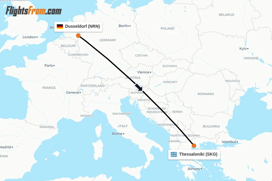 Flights from Dusseldorf to Thessaloniki route map