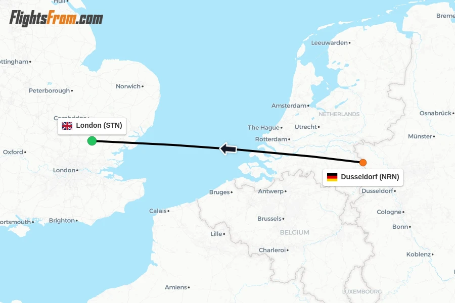 Flights from Dusseldorf to London route map