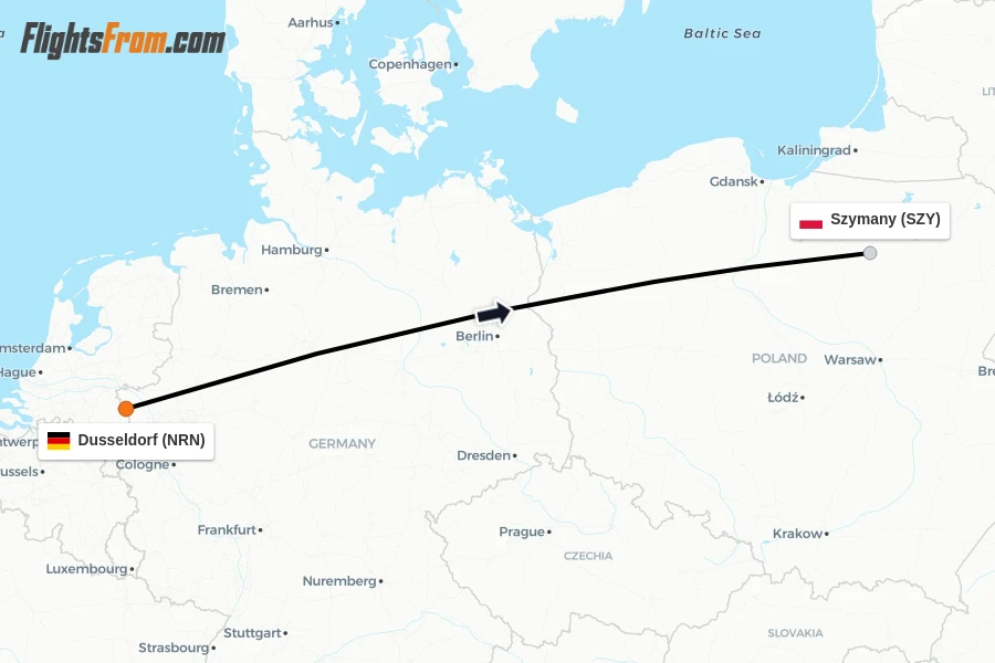 Flights from Dusseldorf to Szymany route map