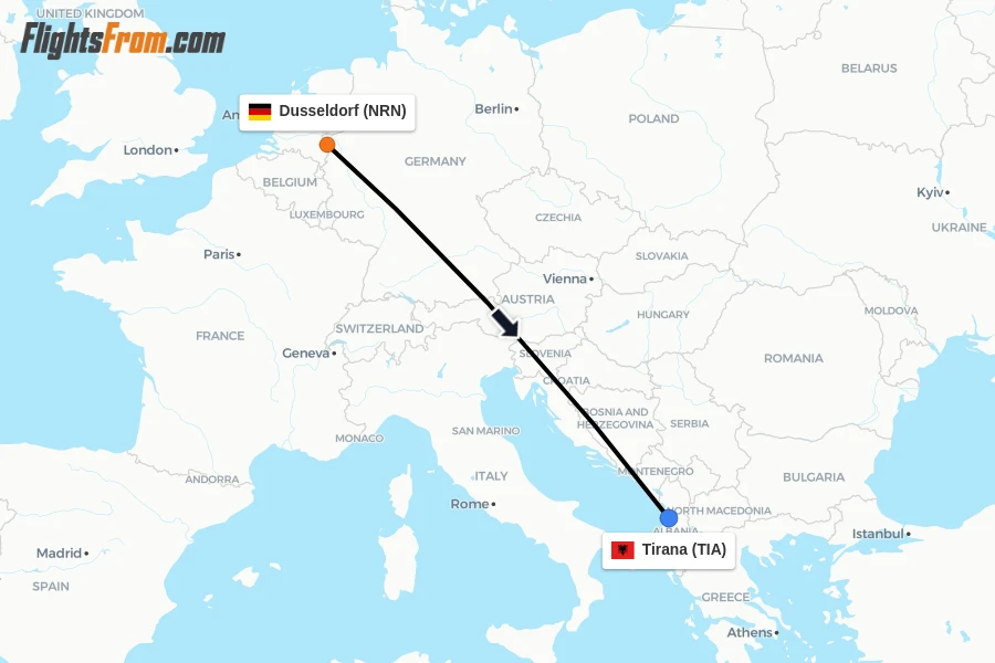 Flights from Dusseldorf to Tirana route map