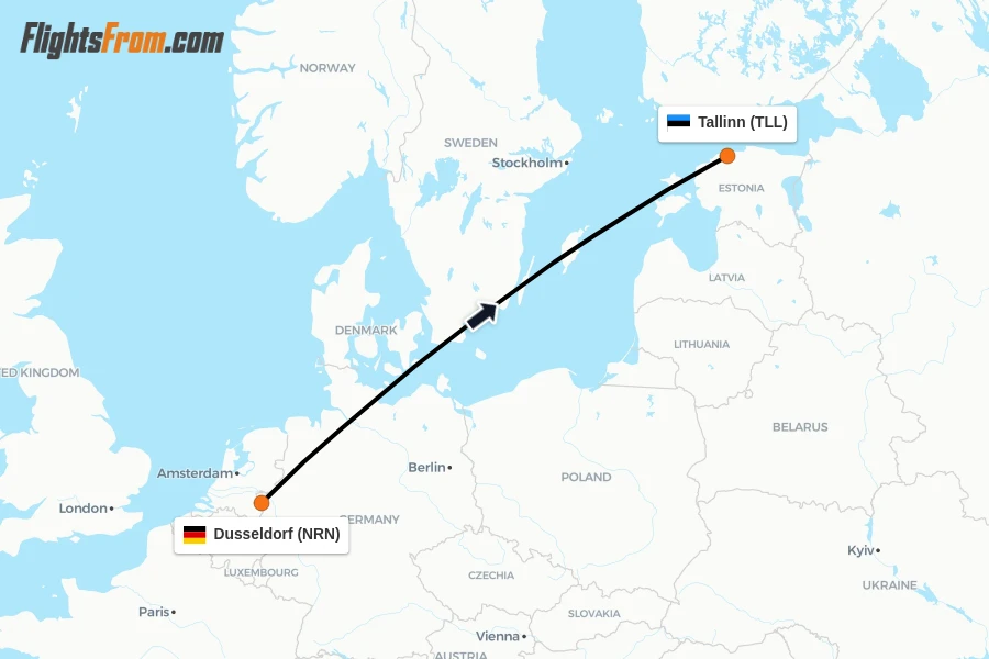 Flights from Dusseldorf to Tallinn route map