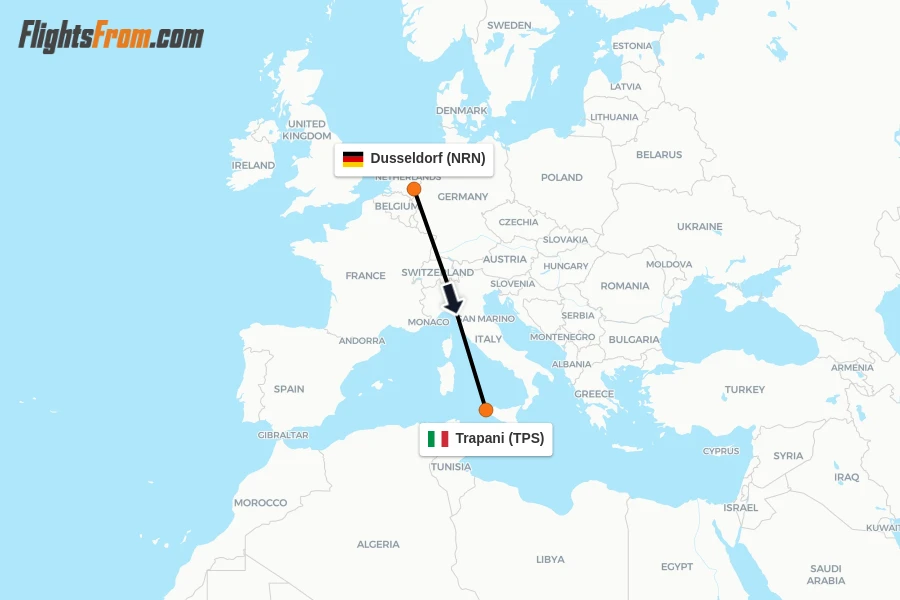 Flights from Dusseldorf to Trapani route map