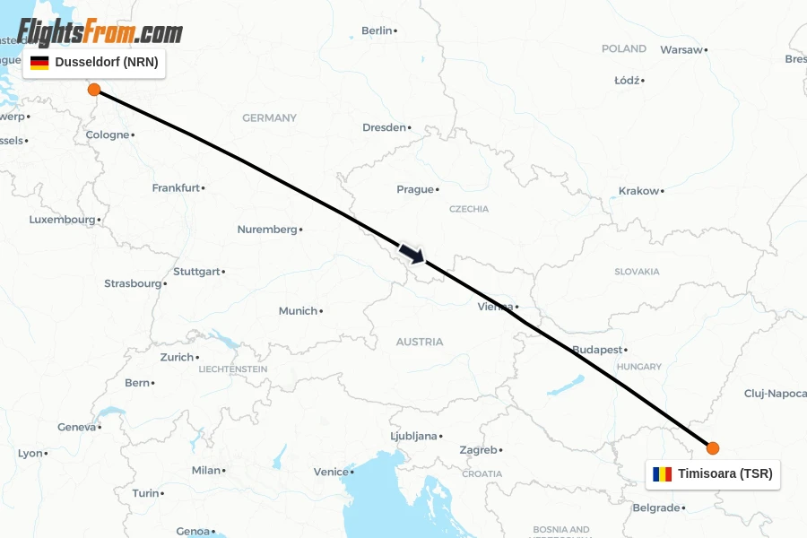 Flights from Dusseldorf to Timisoara route map