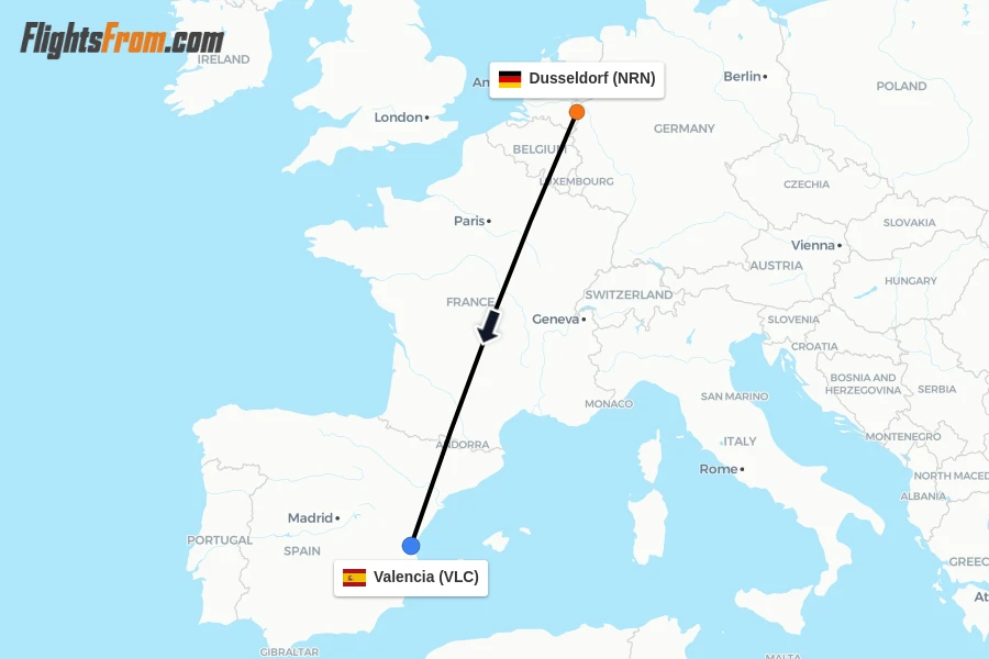 Flights from Dusseldorf to Valencia route map