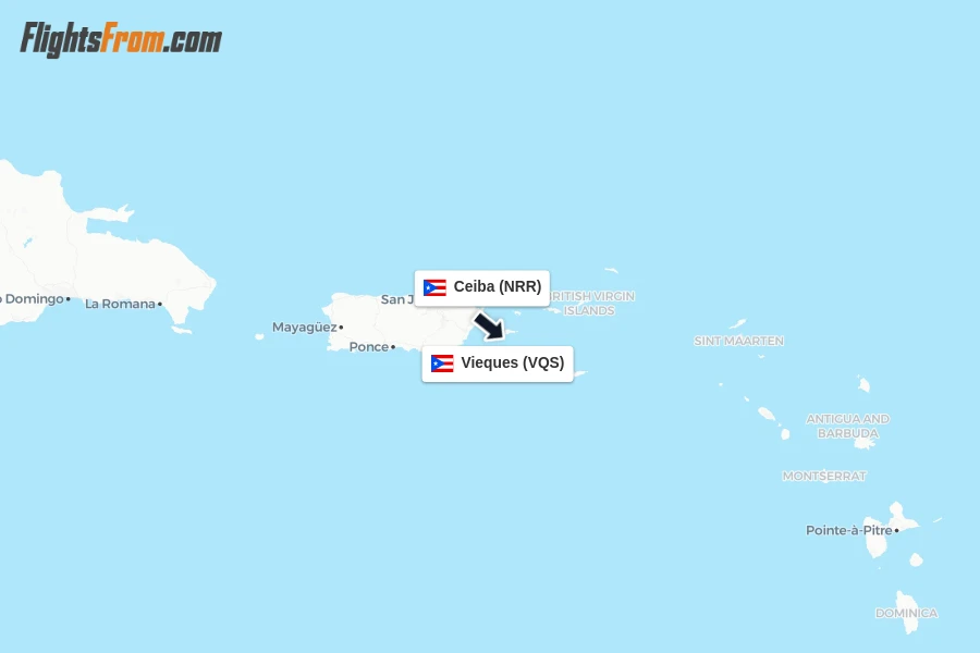 Flights from Ceiba to Vieques route map