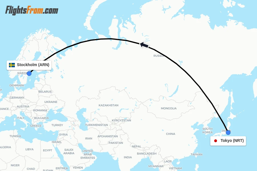 Flights from Tokyo to Stockholm route map