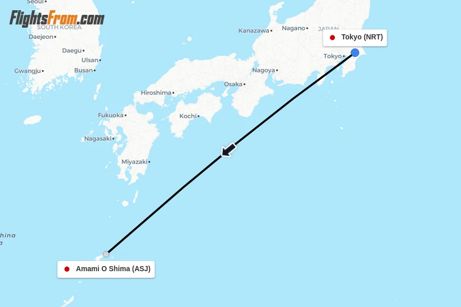 Flights from Tokyo to Amami O Shima route map