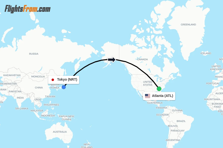 Flights from Tokyo to Atlanta route map