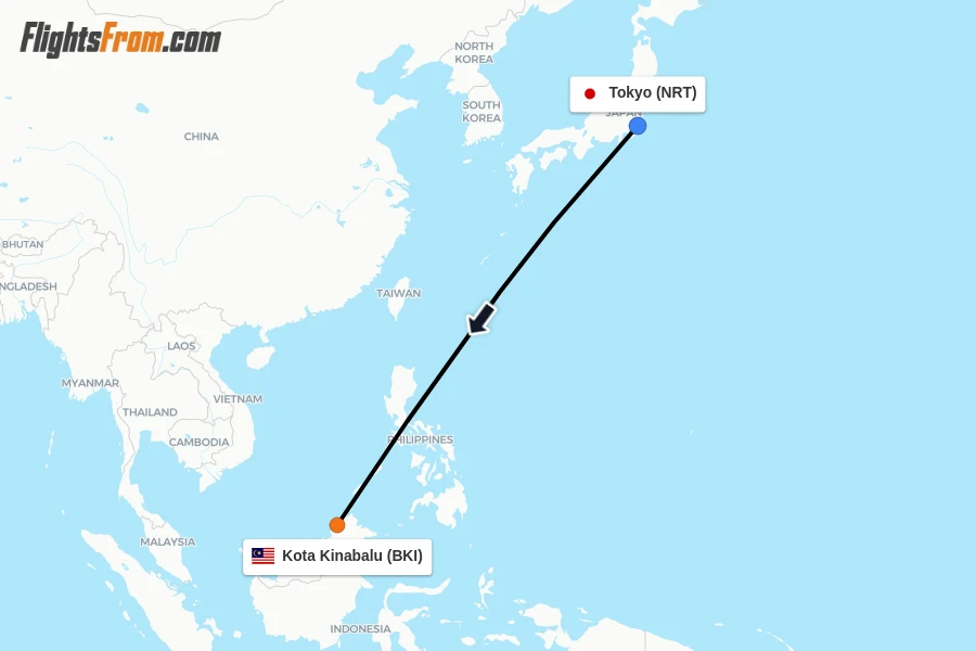 Flights from Tokyo to Kota Kinabalu route map