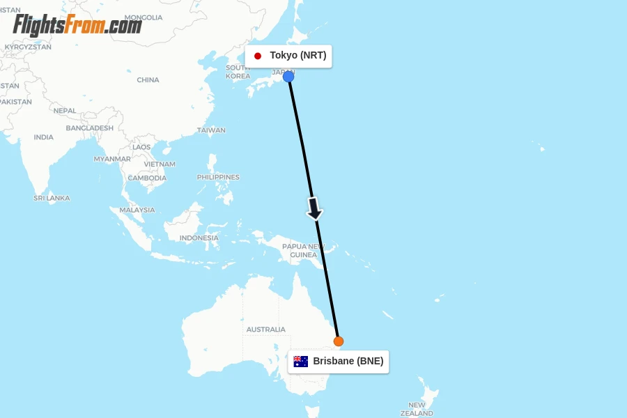 Flights from Tokyo to Brisbane route map