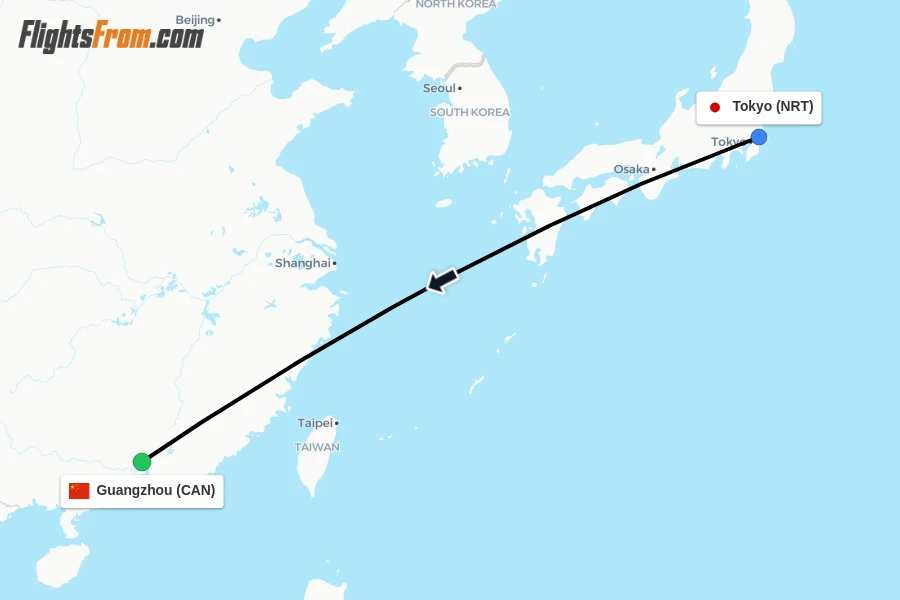 Flights from Tokyo to Guangzhou route map