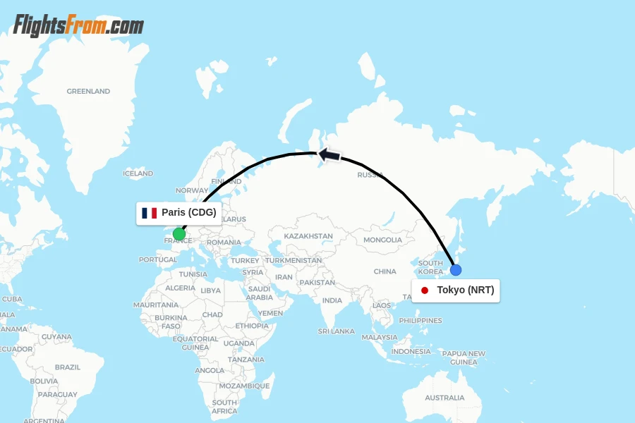 Flights from Tokyo to Paris route map