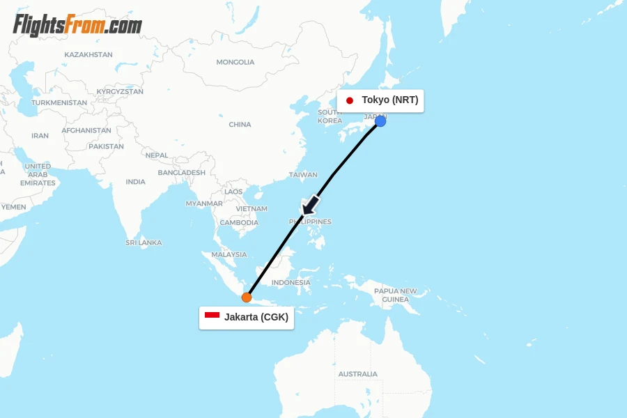 Flights from Tokyo to Jakarta route map
