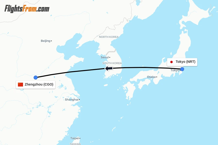 Flights from Tokyo to Zhengzhou route map