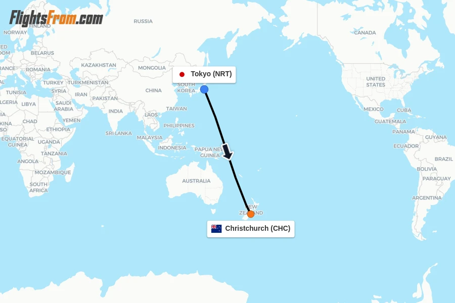 Flights from Tokyo to Christchurch route map