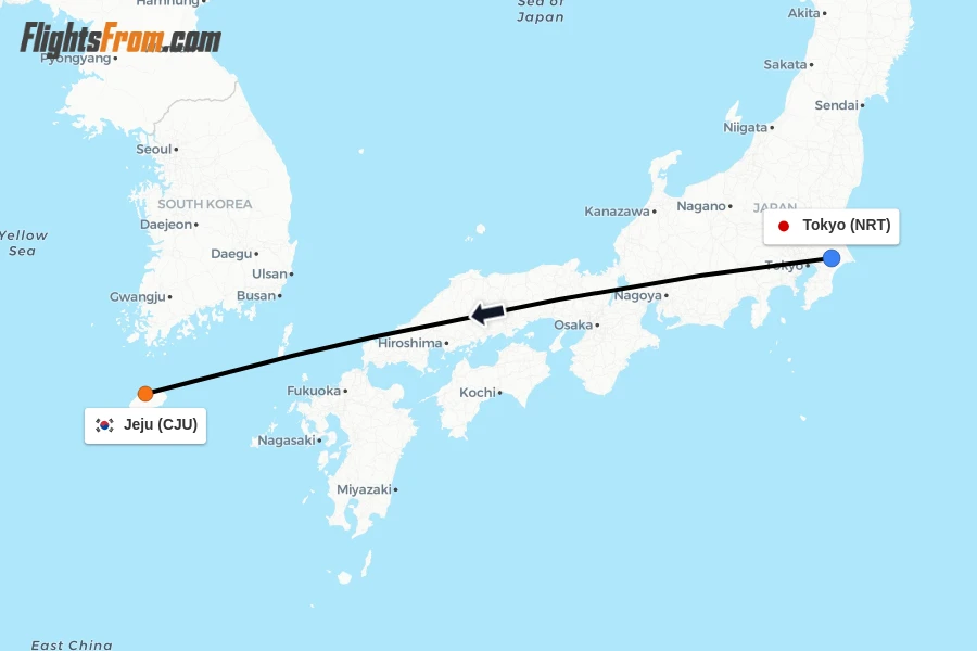 Flights from Tokyo to Jeju route map
