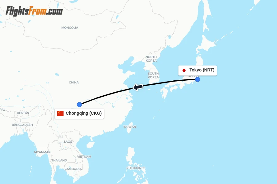 Flights from Tokyo to Chongqing route map