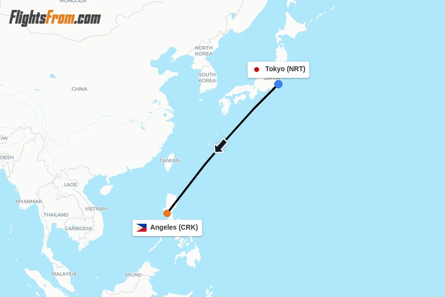 Flights from Tokyo to Angeles route map