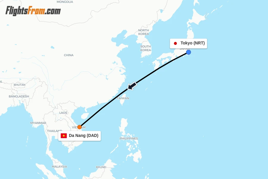 Flights from Tokyo to Da Nang route map