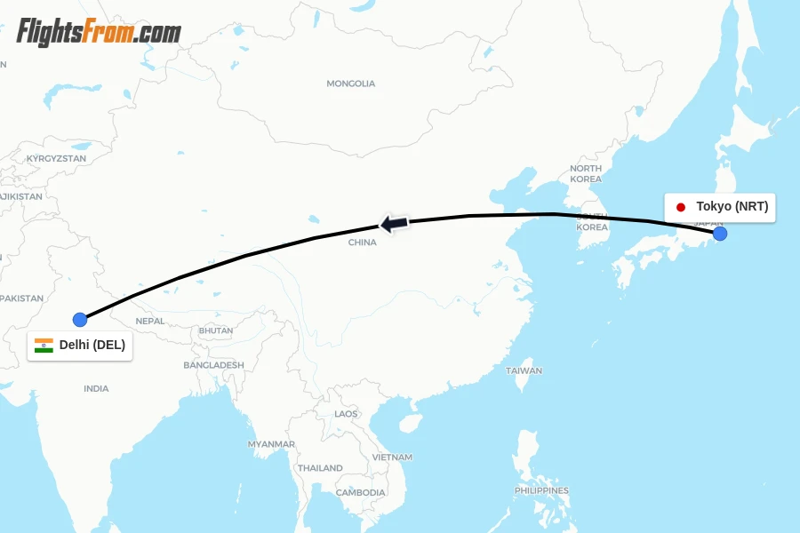 Flights from Tokyo to Delhi route map