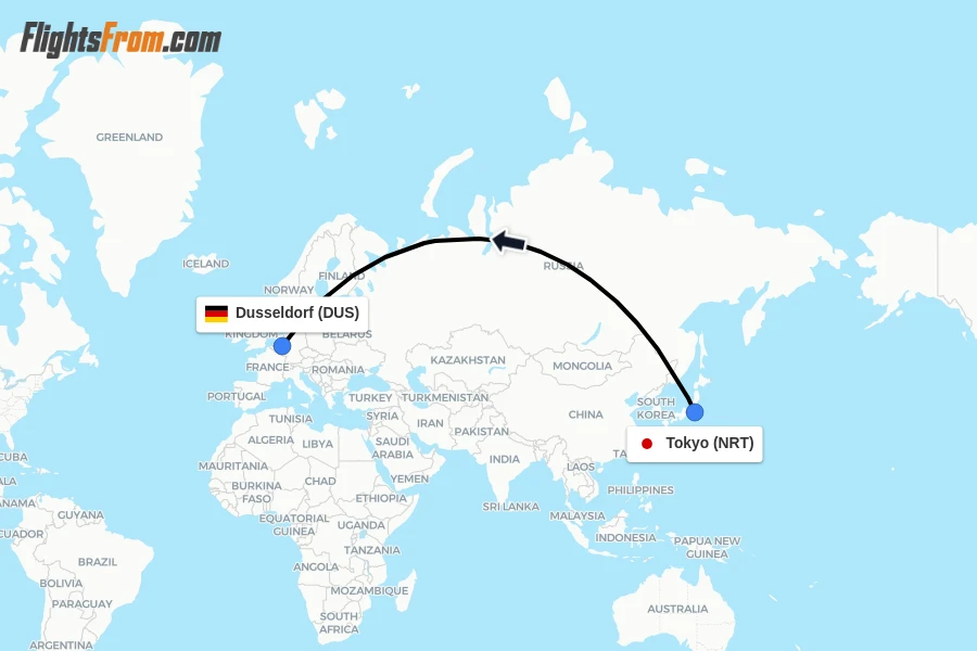 Flights from Tokyo to Dusseldorf route map