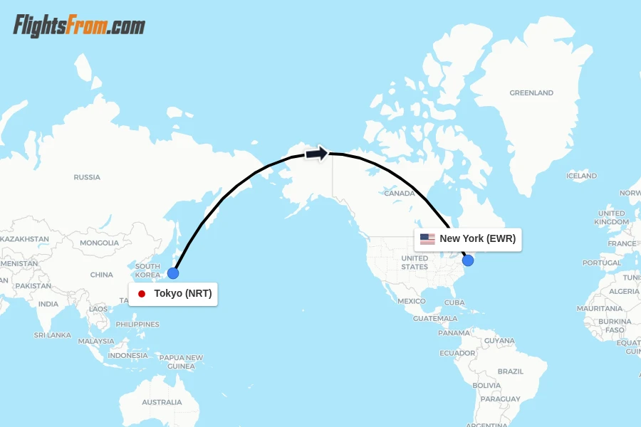 Flights from Tokyo to New York route map