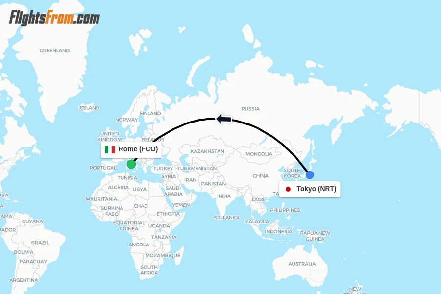 Flights from Tokyo to Rome route map