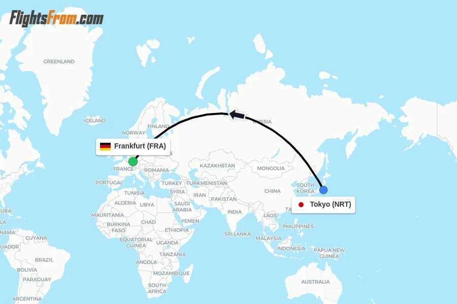 Flights from Tokyo to Frankfurt route map
