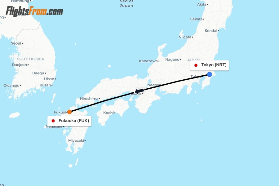 Flights from Tokyo to Fukuoka route map
