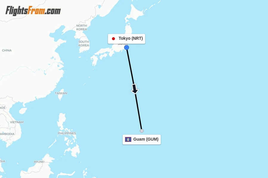Flights from Tokyo to Guam route map