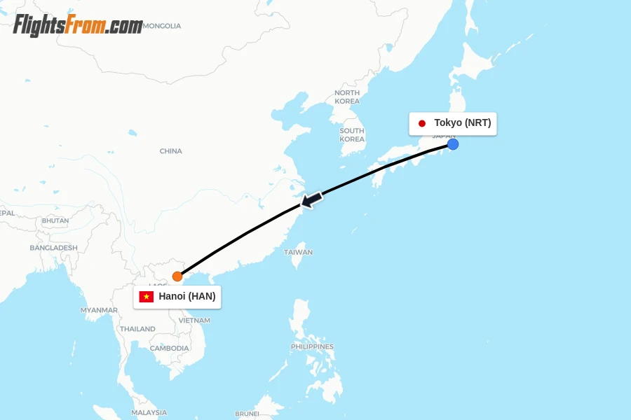 Flights from Tokyo to Hanoi route map