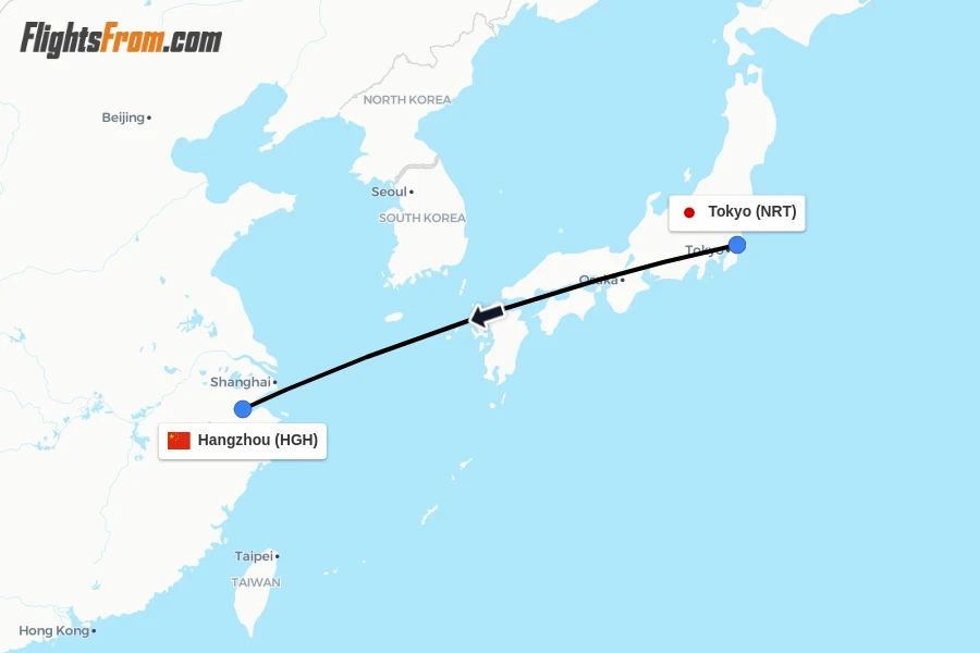 Flights from Tokyo to Hangzhou route map