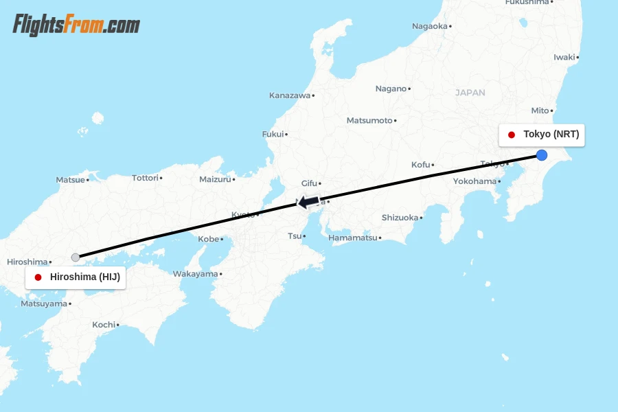 Flights from Tokyo to Hiroshima route map