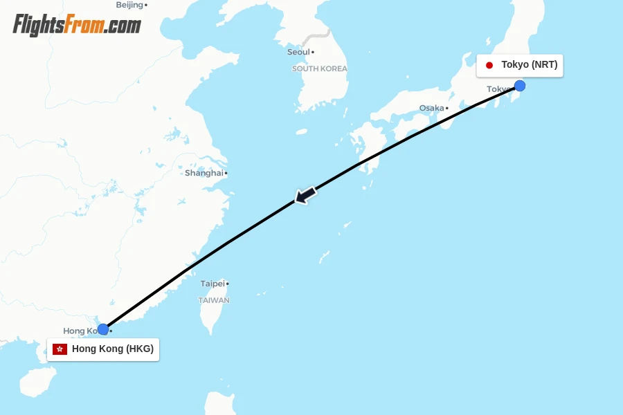 Flights from Tokyo to Hong Kong route map