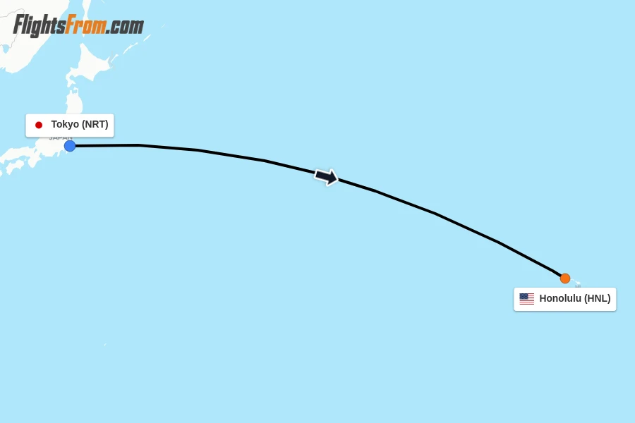 Flights from Tokyo to Honolulu route map