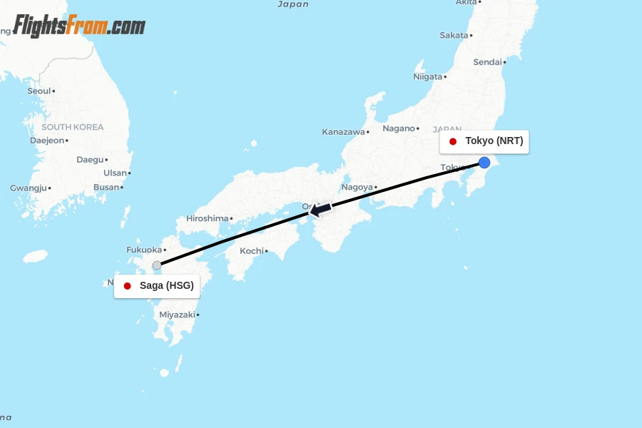 Flights from Tokyo to Saga route map