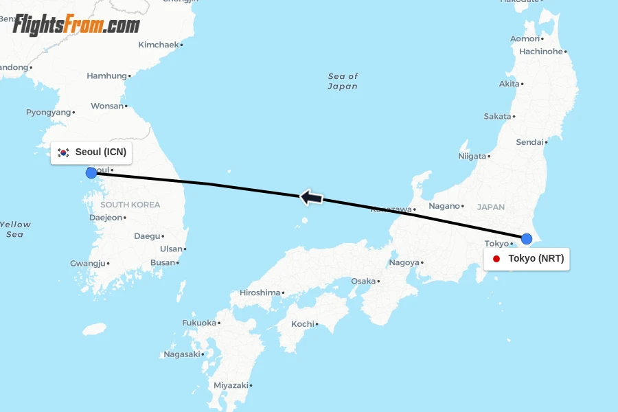 Flights from Tokyo to Seoul route map
