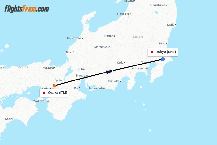 Flights from Tokyo to Osaka route map