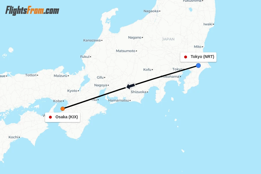 Flights from Tokyo to Osaka route map