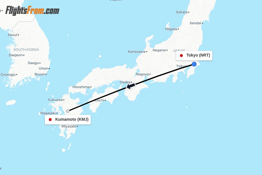 Flights from Tokyo to Kumamoto route map