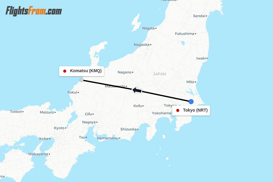Flights from Tokyo to Komatsu route map