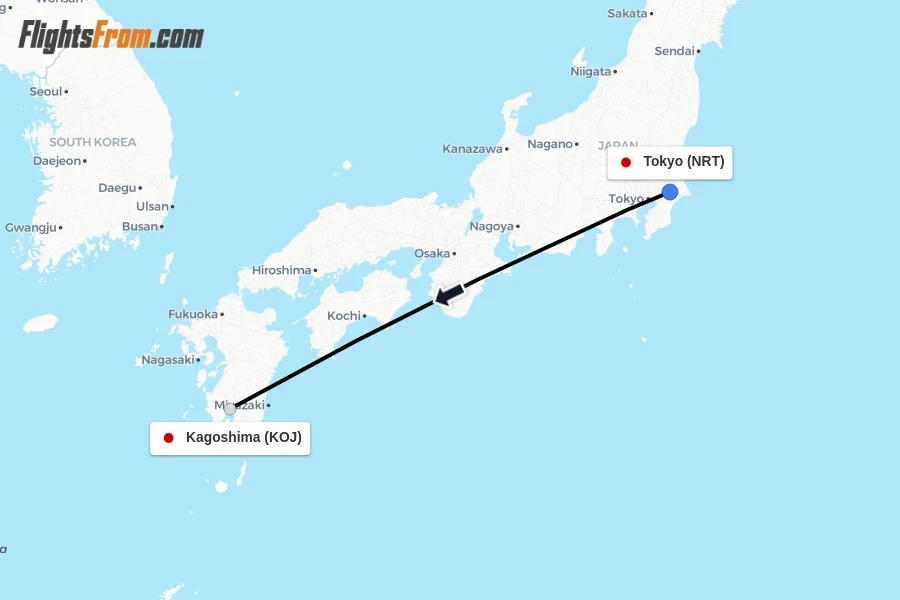 Flights from Tokyo to Kagoshima route map