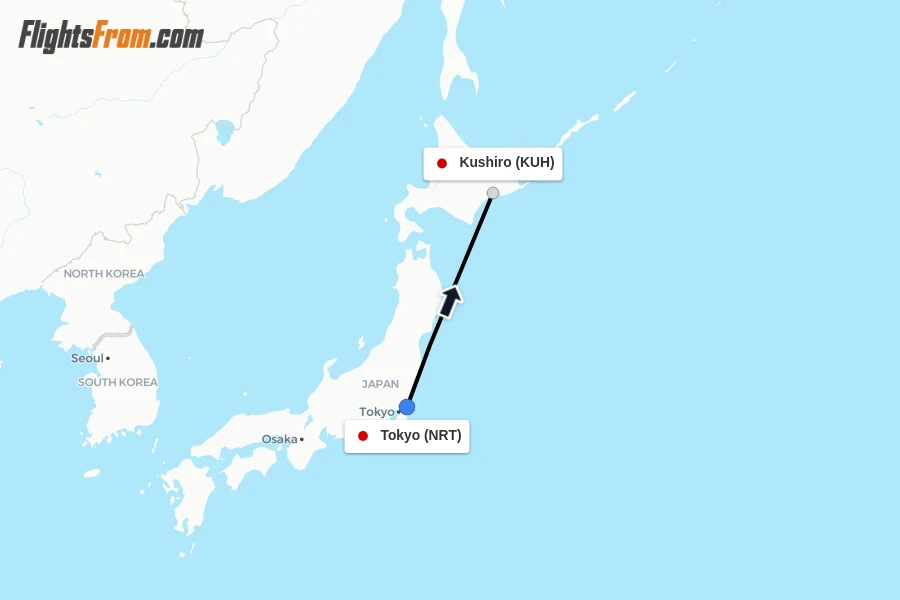 Flights from Tokyo to Kushiro route map