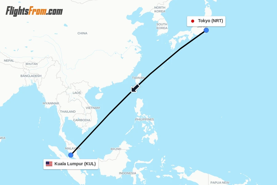 Flights from Tokyo to Kuala Lumpur route map