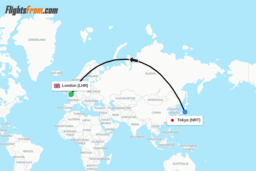 Flights from Tokyo to London route map