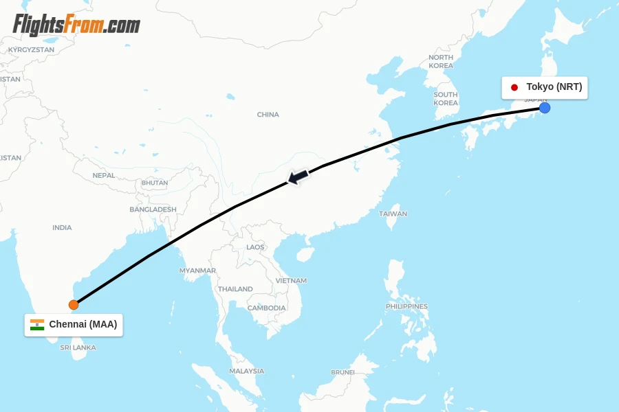 Flights from Tokyo to Chennai route map