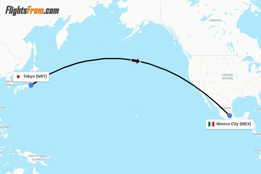 Flights from Tokyo to Mexico City route map